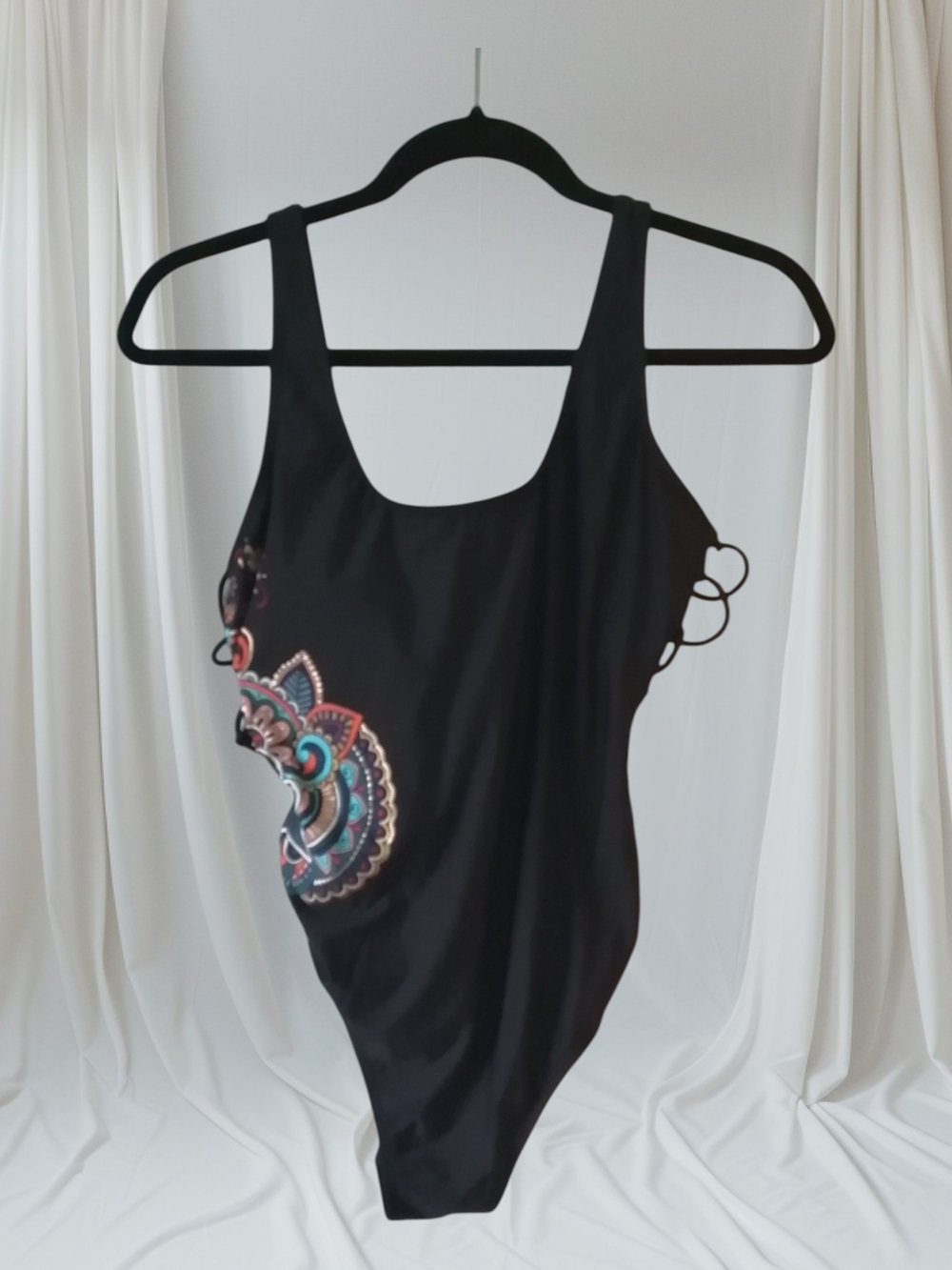 Black One-Piece Swimsuit with Colorful Mandala Accent